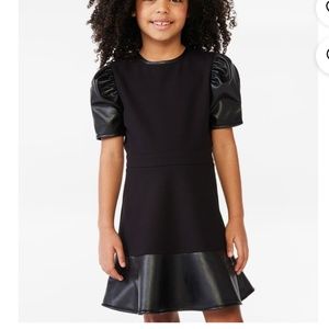 Scoop NYC Girls Black Faux Leather Puff Sleeve Dress Size Medium (7-8) NEW